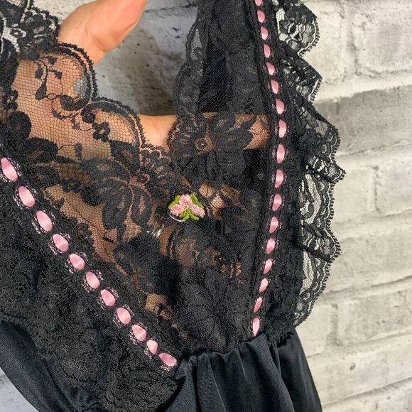 Vintage Dominique Black Satin Lace Teddy Romper Lingerie Bodysuit - Picture 3 of 11